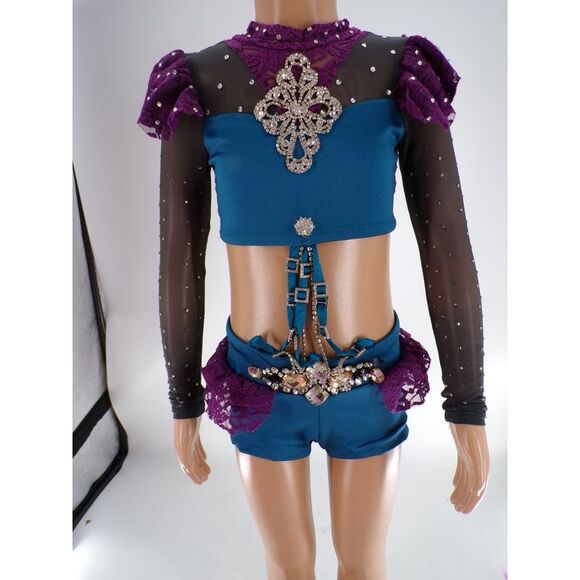 Dance Costume Reverence Lace Rhinestone 2 pc Reverence Teal Small Child Jazz Se